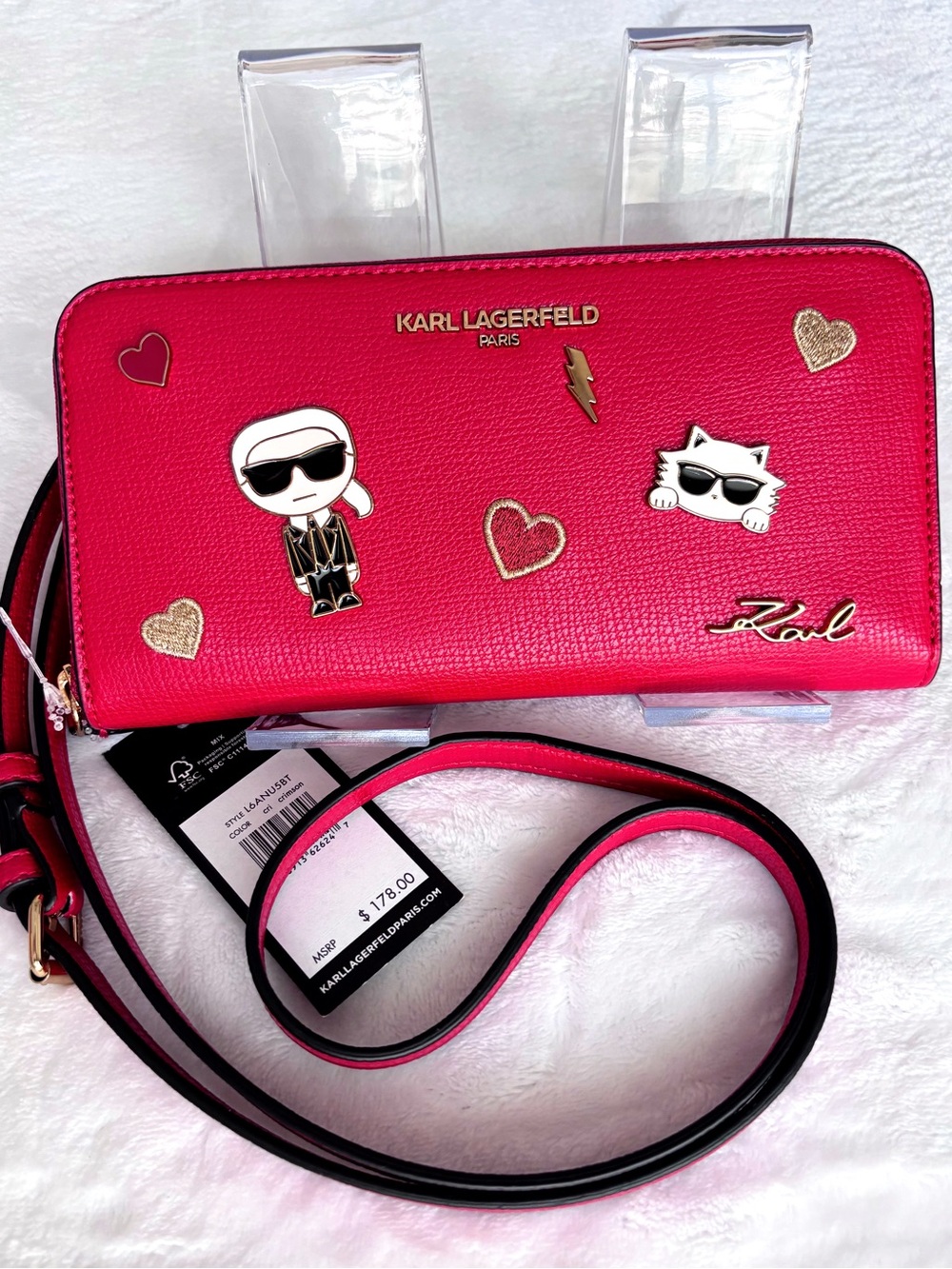KARL LAGERFELD PARIS Large Crimson Zip-Around Crossbody Wallet with Pins--NWT